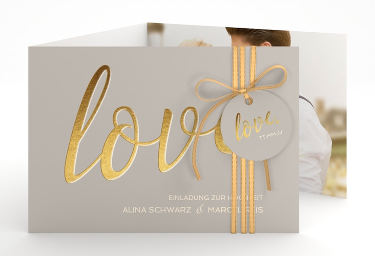 Hochzeitseinladung Glam A6 Doppel-Klappkarte grau hochglanz