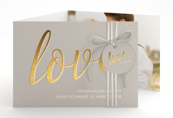 Hochzeitseinladung Glam A6 Doppel-Klappkarte grau hochglanz