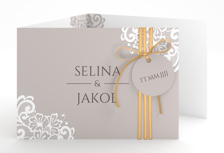Hochzeitseinladung Vintage A6 Doppel-Klappkarte grau mit floraler Spitze