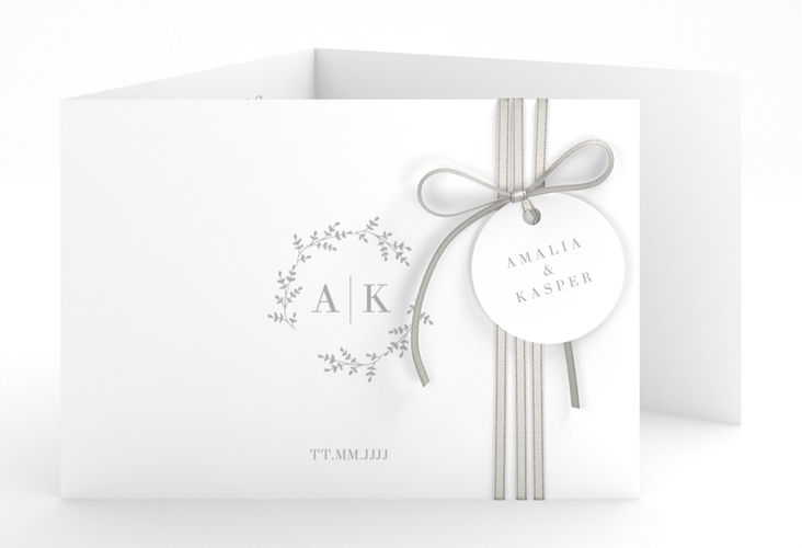 Hochzeitseinladung Filigrana A6 Doppel-Klappkarte grau hochglanz in reduziertem Design mit Initialen und zartem Blätterkranz