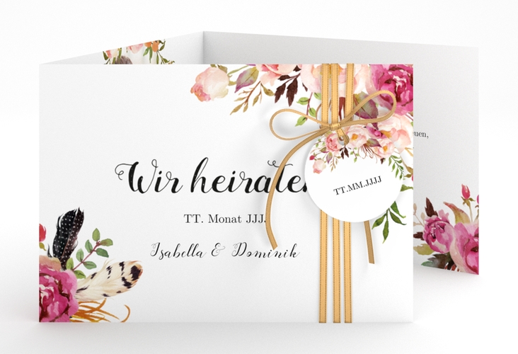 Hochzeitseinladung Flowers A6 Doppel-Klappkarte weiss mit bunten Aquarell-Blumen