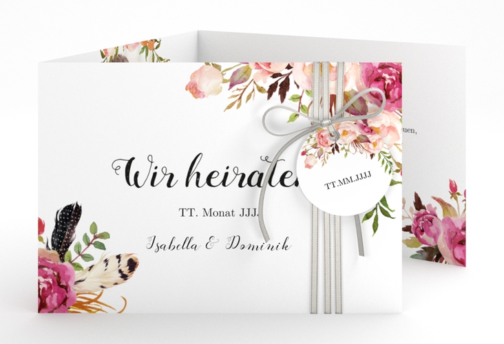 Hochzeitseinladung Flowers A6 Doppel-Klappkarte weiss mit bunten Aquarell-Blumen