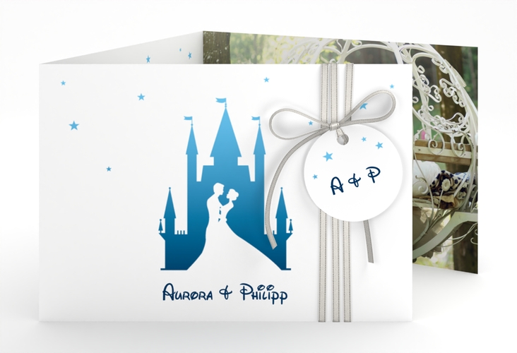 Hochzeitseinladung Castle A6 Doppel-Klappkarte blau