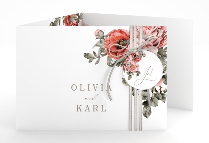 Hochzeitseinladung Grazioso A6 Doppel-Klappkarte weiss hochglanz modern mit Mohnblumen und Rosen