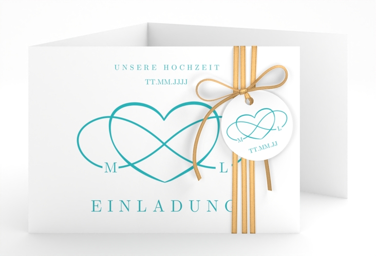 Hochzeitseinladung Infinity A6 Doppel-Klappkarte tuerkis hochglanz