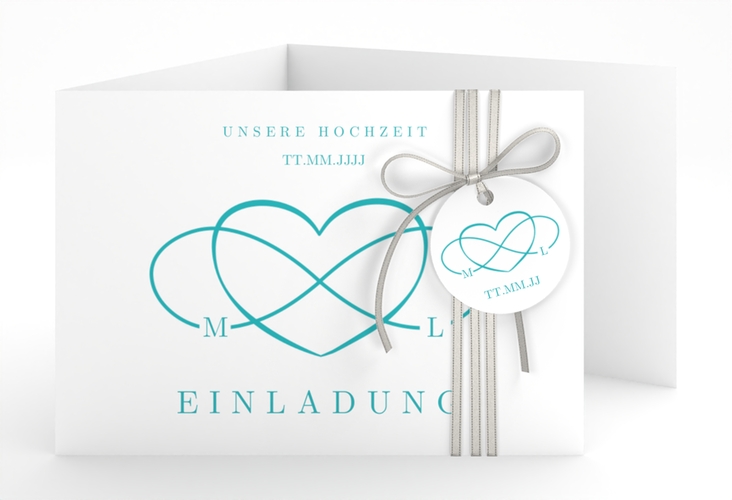 Hochzeitseinladung Infinity A6 Doppel-Klappkarte tuerkis hochglanz