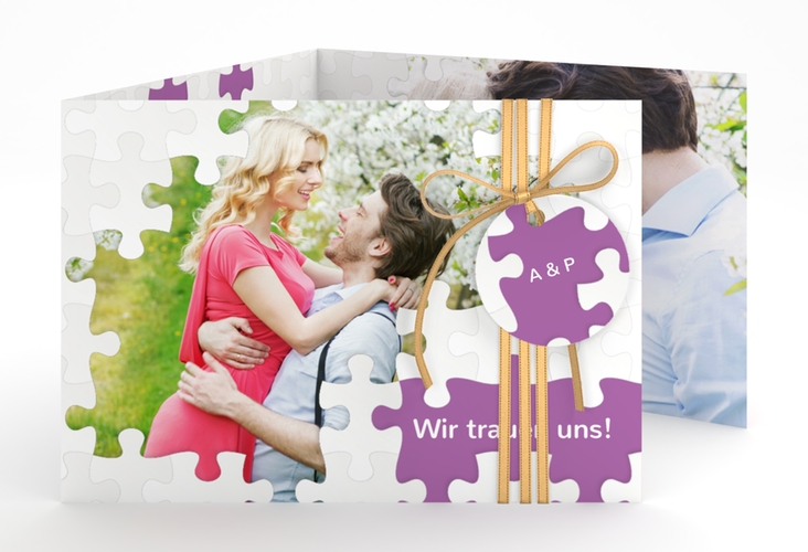 Hochzeitseinladung Puzzle A6 Doppel-Klappkarte lila hochglanz