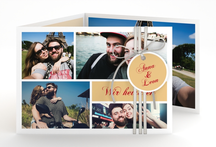 Hochzeitseinladung Collage A6 Doppel-Klappkarte apricot