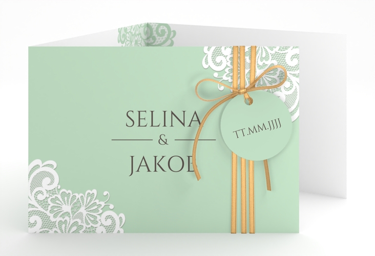 Hochzeitseinladung Vintage A6 Doppel-Klappkarte mint mit floraler Spitze