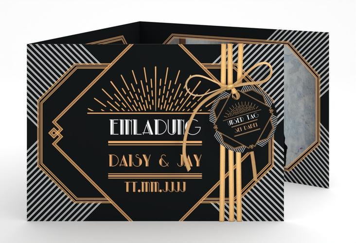 Hochzeitseinladung Gatsby A6 Doppel-Klappkarte schwarz im 20er-Jahre-Stil