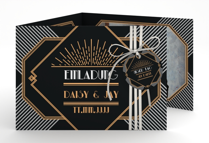 Hochzeitseinladung Gatsby A6 Doppel-Klappkarte schwarz im 20er-Jahre-Stil