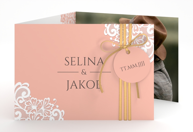 Hochzeitseinladung Vintage A6 Doppel-Klappkarte apricot mit floraler Spitze