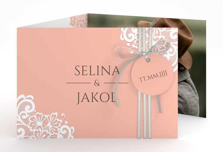 Hochzeitseinladung Vintage A6 Doppel-Klappkarte apricot mit floraler Spitze