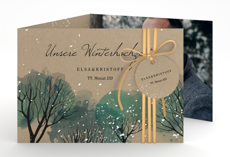 Hochzeitseinladung Winterhochzeit A6 Doppel-Klappkarte Kraftpapier