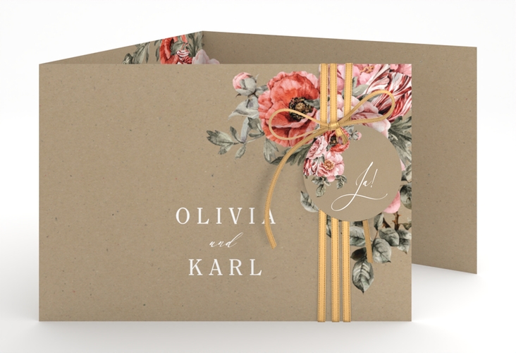 Hochzeitseinladung Grazioso A6 Doppel-Klappkarte Kraftpapier modern mit Mohnblumen und Rosen