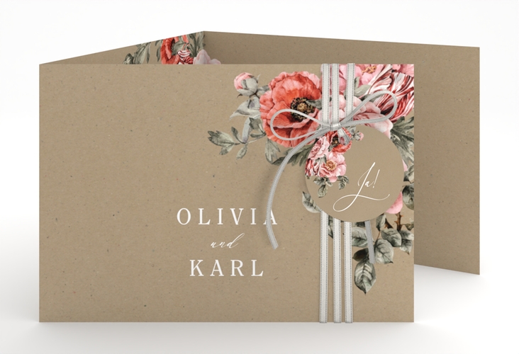Hochzeitseinladung Grazioso A6 Doppel-Klappkarte Kraftpapier modern mit Mohnblumen und Rosen