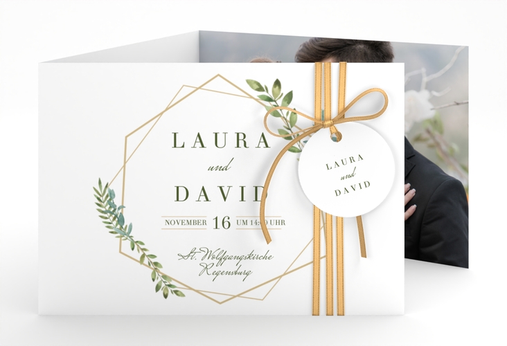 Hochzeitseinladung Herbarium A6 Doppel-Klappkarte gold mit geometrischem Rahmen und Blätter-Dekor