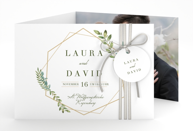 Hochzeitseinladung Herbarium A6 Doppel-Klappkarte gold mit geometrischem Rahmen und Blätter-Dekor