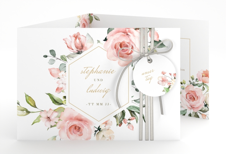Hochzeitseinladung Graceful A6 Doppel-Klappkarte weiss mit Rosenblüten in Rosa und Weiß