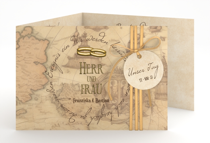 Hochzeitseinladung Zwei Ringe A6 Doppel-Klappkarte mit Eheringen und Fantasy-Landkarte