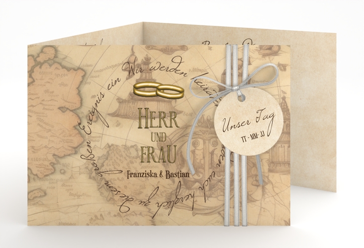 Hochzeitseinladung Zwei Ringe A6 Doppel-Klappkarte mit Eheringen und Fantasy-Landkarte