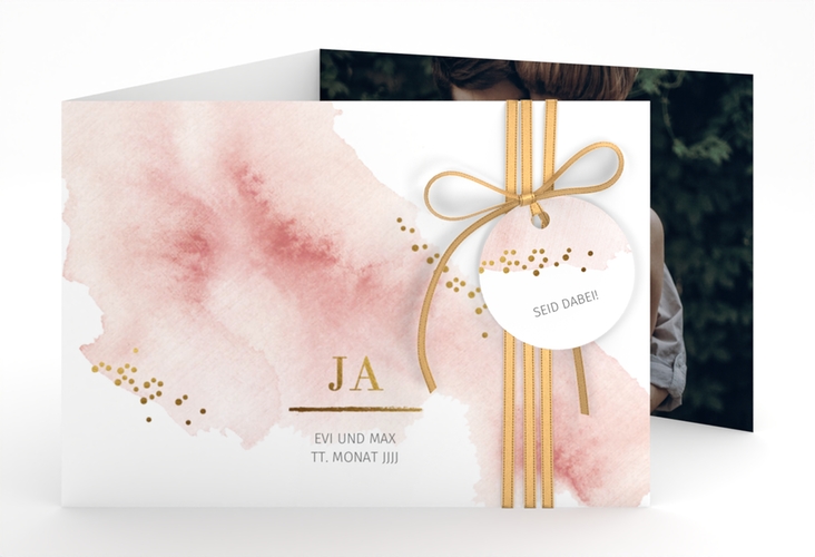 Hochzeitseinladung Pastell A6 Doppel-Klappkarte rosa hochglanz