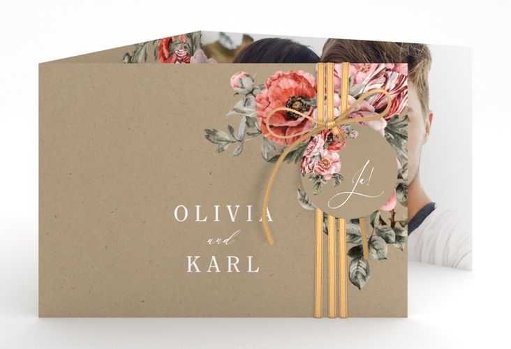 Hochzeitseinladung Grazioso A6 Doppel-Klappkarte Kraftpapier modern mit Mohnblumen und Rosen