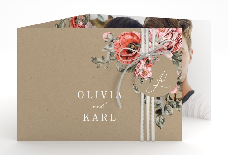 Hochzeitseinladung Grazioso A6 Doppel-Klappkarte Kraftpapier modern mit Mohnblumen und Rosen