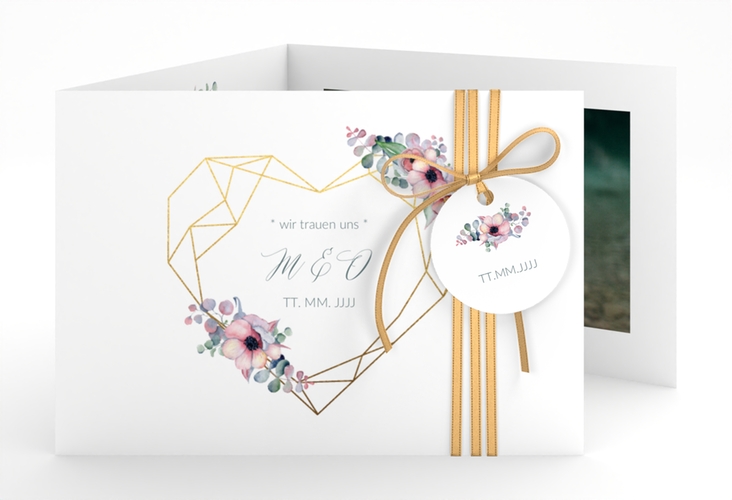 Hochzeitseinladung Herzgold A6 Doppel-Klappkarte weiss hochglanz