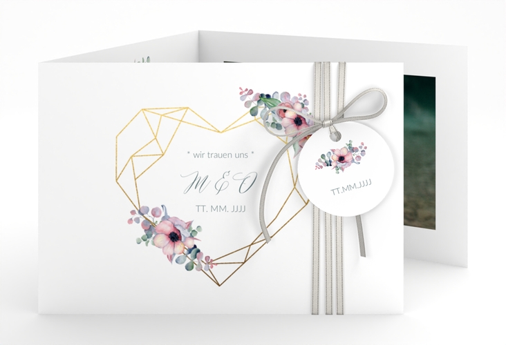 Hochzeitseinladung Herzgold A6 Doppel-Klappkarte weiss hochglanz