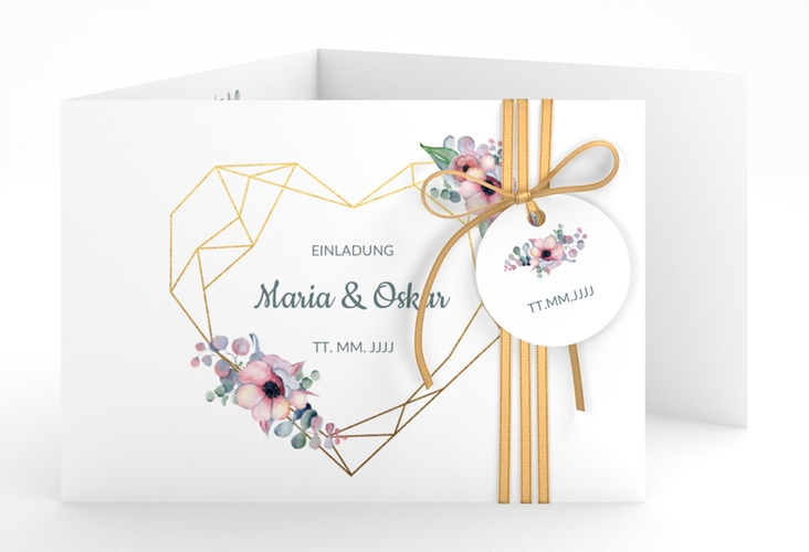 Hochzeitseinladung Herzgold A6 Doppel-Klappkarte weiss