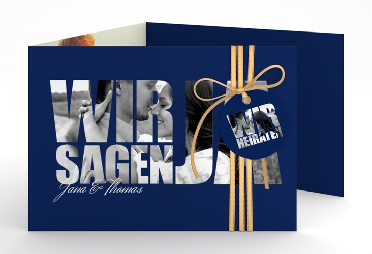 Hochzeitseinladung Letters A6 Doppel-Klappkarte blau hochglanz