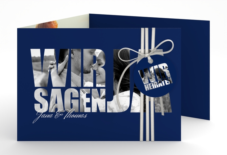 Hochzeitseinladung Letters A6 Doppel-Klappkarte blau hochglanz
