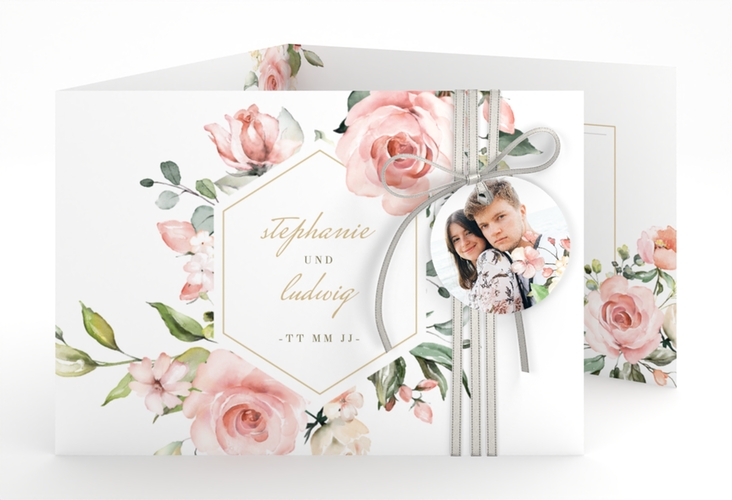 Hochzeitseinladung Graceful A6 Doppel-Klappkarte weiss hochglanz mit Rosenblüten in Rosa und Weiß