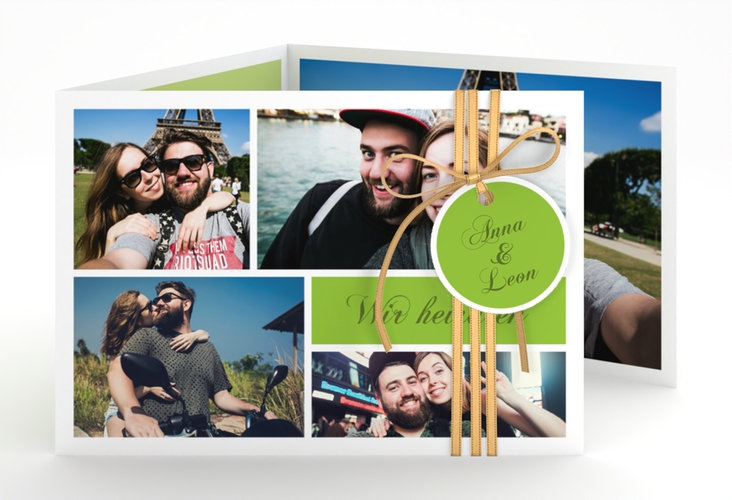 Hochzeitseinladung Collage A6 Doppel-Klappkarte gruen