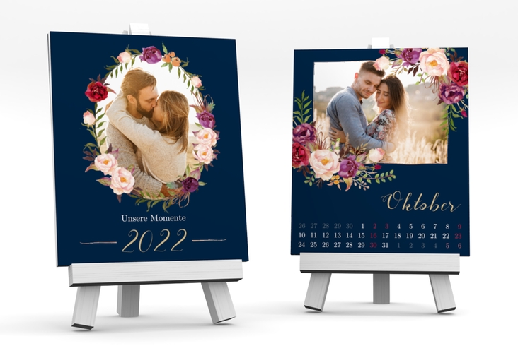Foto-Tischkalender Floral Kalenderblatt-Karte blau rosegold