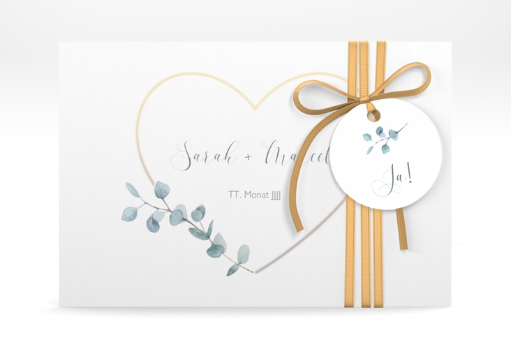 Save the Date Deckblatt Transparent "Greenheart" DIN A6 Deckblatt transparent gold mit elegantem Herz und Eukalyptus-Zweig