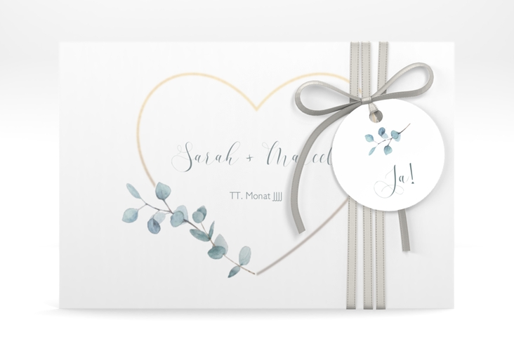 Save the Date Deckblatt Transparent "Greenheart" DIN A6 Deckblatt transparent gold mit elegantem Herz und Eukalyptus-Zweig