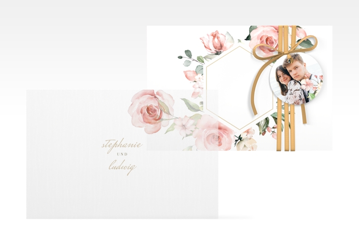 Save the Date Deckblatt Transparent Graceful A6 Deckblatt transparent weiss mit Rosenblüten in Rosa und Weiß