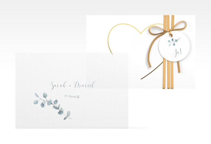 Save the Date Deckblatt Transparent "Greenheart" DIN A6 Deckblatt transparent gold mit elegantem Herz und Eukalyptus-Zweig