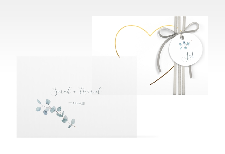 Save the Date Deckblatt Transparent "Greenheart" DIN A6 Deckblatt transparent gold mit elegantem Herz und Eukalyptus-Zweig