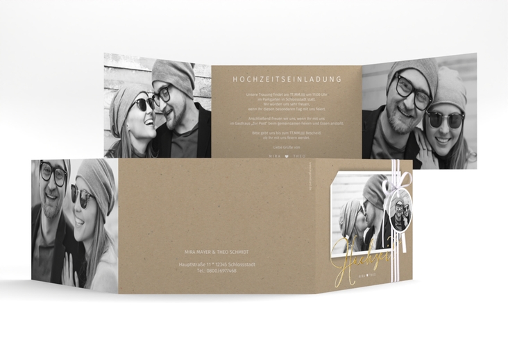 Hochzeitseinladung Crafty A6 Doppel-Klappkarte gold mit Schwarzweiß-Foto