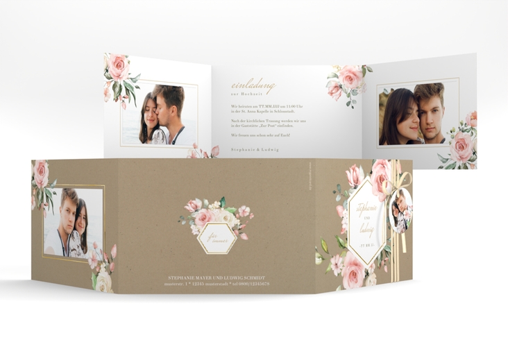 Hochzeitseinladung Graceful A6 Doppel-Klappkarte gold mit Rosenblüten in Rosa und Weiß