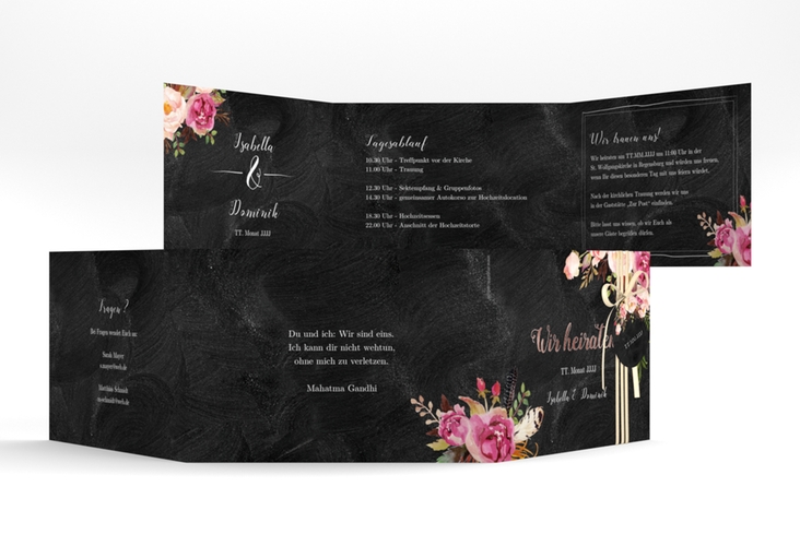 Hochzeitseinladung Flowers A6 Doppel-Klappkarte rosegold mit bunten Aquarell-Blumen