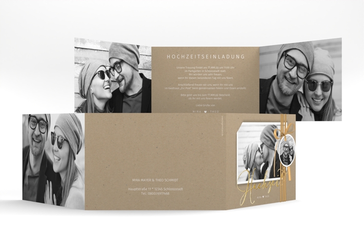Hochzeitseinladung Crafty A6 Doppel-Klappkarte gold mit Schwarzweiß-Foto