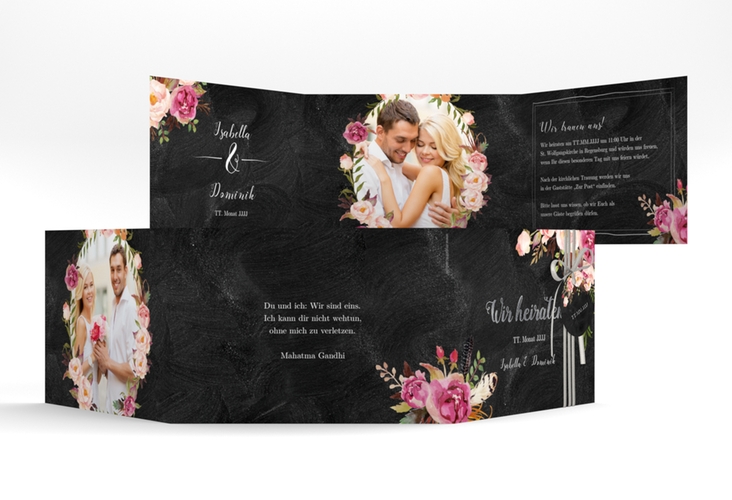 Hochzeitseinladung Flowers A6 Doppel-Klappkarte silber mit bunten Aquarell-Blumen