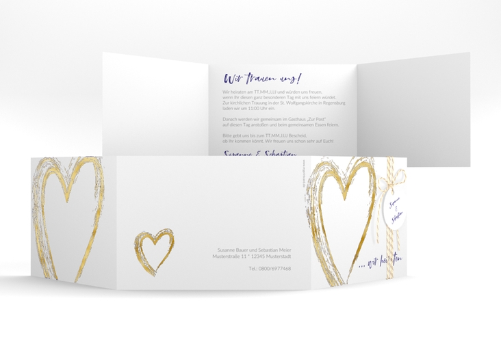 Hochzeitseinladung Liebe A6 Doppel-Klappkarte blau gold