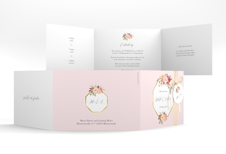 Hochzeitseinladung Prachtvoll A6 Doppel-Klappkarte rosa gold