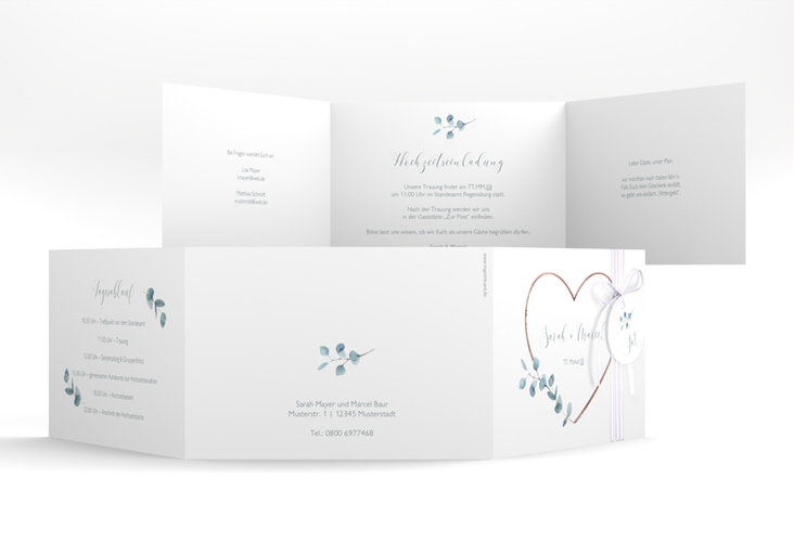 Hochzeitseinladung Greenheart A6 Doppel-Klappkarte grau rosegold mit elegantem Herz und Eukalyptus-Zweig