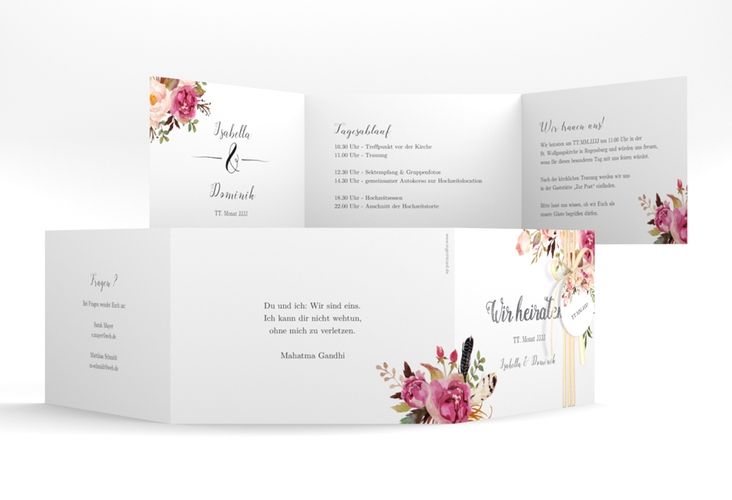 Hochzeitseinladung Flowers A6 Doppel-Klappkarte weiss silber mit bunten Aquarell-Blumen